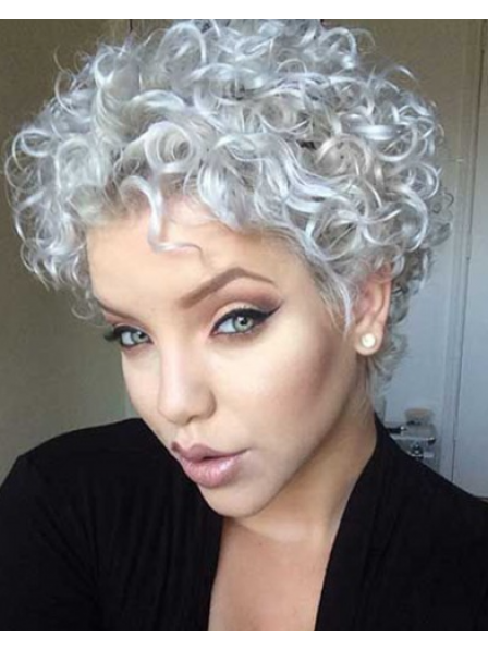 Short Synthetic Hair Curly Grey Wig Without Bangs