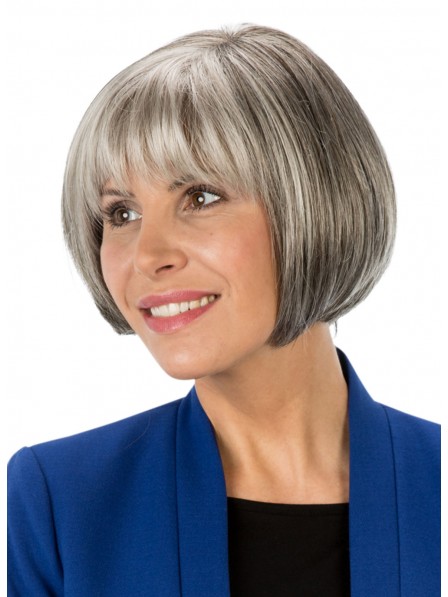 Classic Chin Length Salt and Pepper Bob Wig with Full Bangs