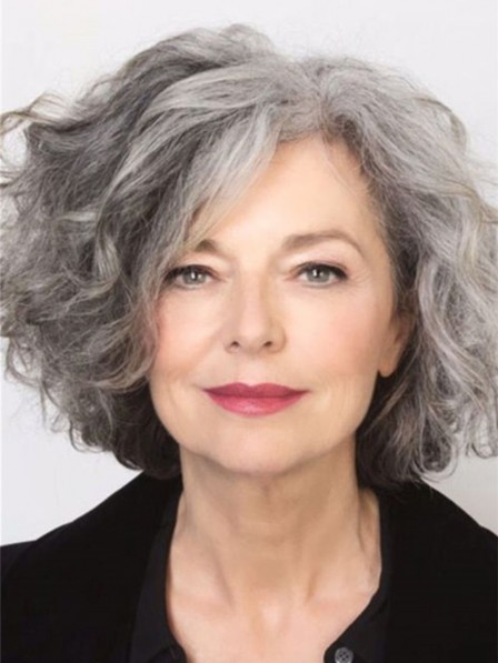 Salt and Pepper Hair Medium Length Wave Synthetic Grey Wig