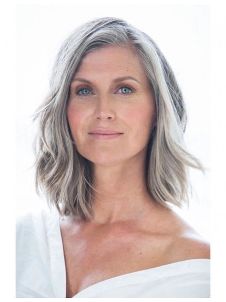 Shoulder Length Lace Front Mono Top Grey Hair Wig