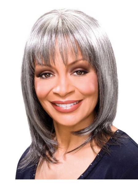 Sleek Long Salt and Pepper Wigs With Layers In Heat-Stylable Fiber