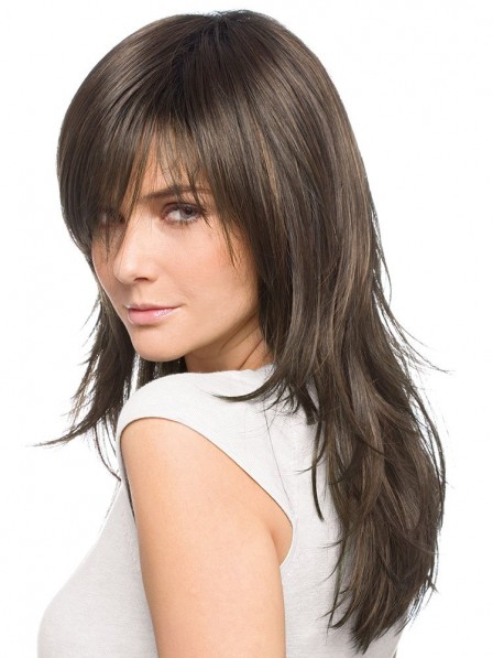 Sleek Ladies Human Hair Lace Front Long Wavy Layered Wigs