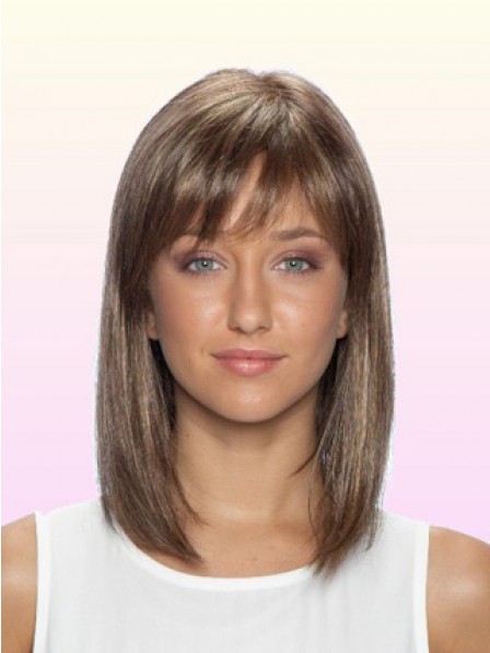 Smooth Shoulder Length Straight Lace Front Human Hair Wig With Bangs