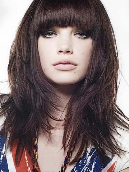 Good Quality Long Straight Layered Human Hair Wig With Full Bangs