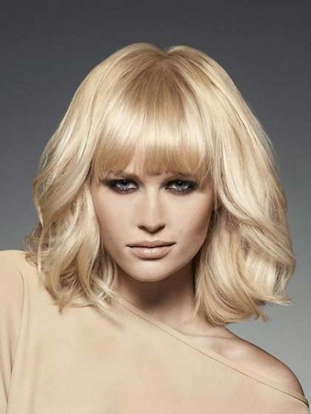 Lace Front Shoulder Length Wavy Human Hair Bob Wig With Full Bangs