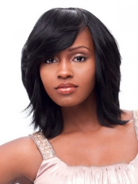 Black Straight Synthetic Women Hair Wig With Side Bangs