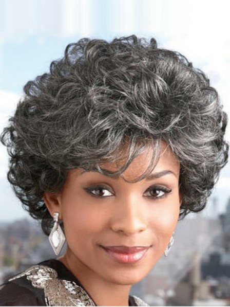 Short Curly Capless Grey Wig With Bangs