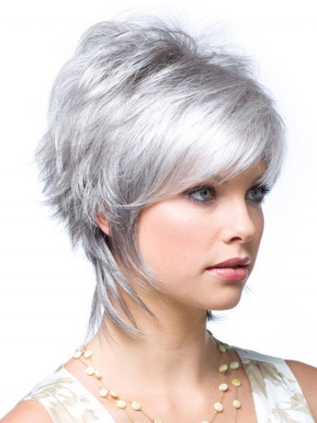 Short Straight Lace Front Monofilament Layered Grey Wig With Bangs